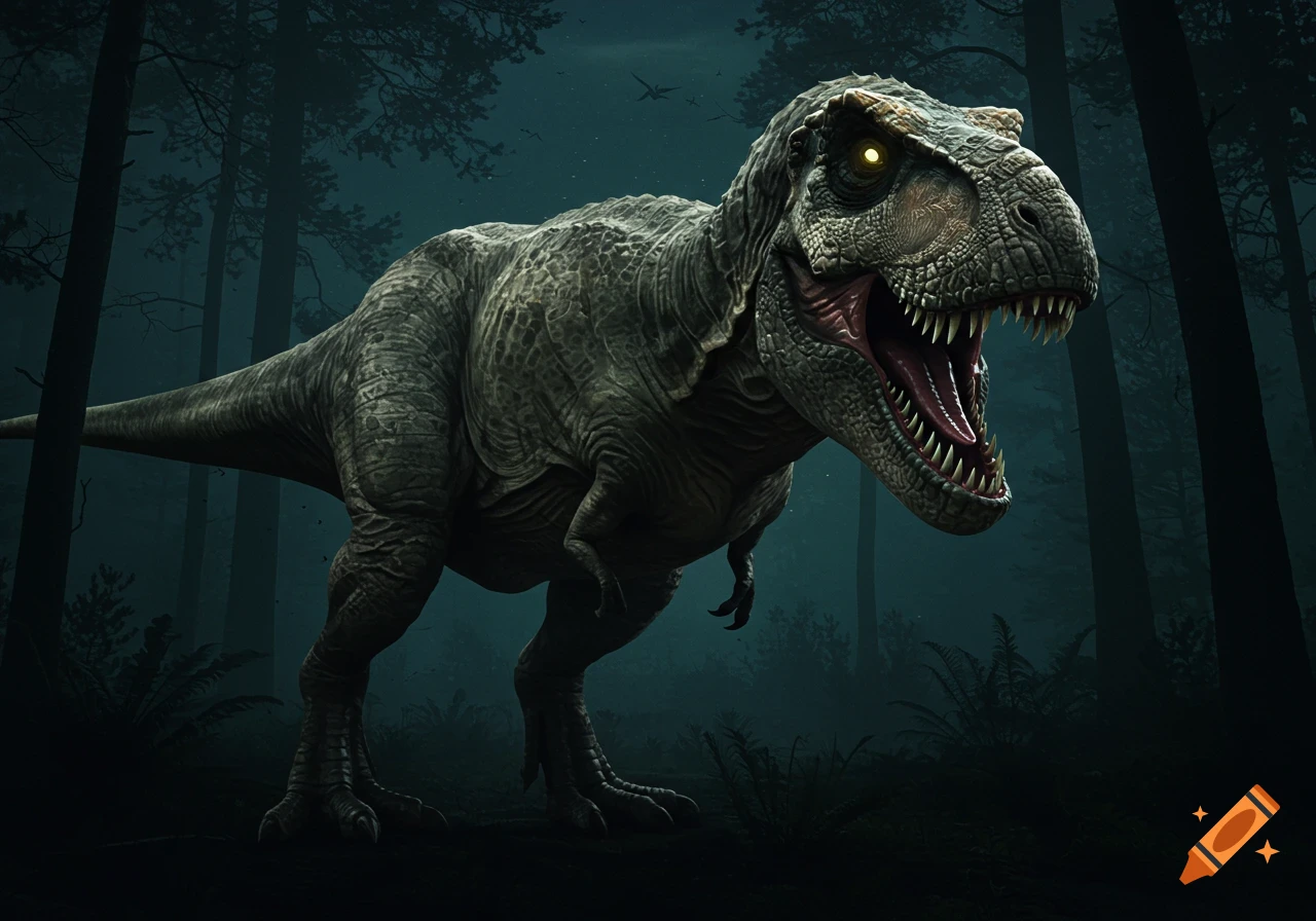 A large, realistic Tyrannosaurus Rex stands in a dark forest at night, its mouth open and eyes glowing.
