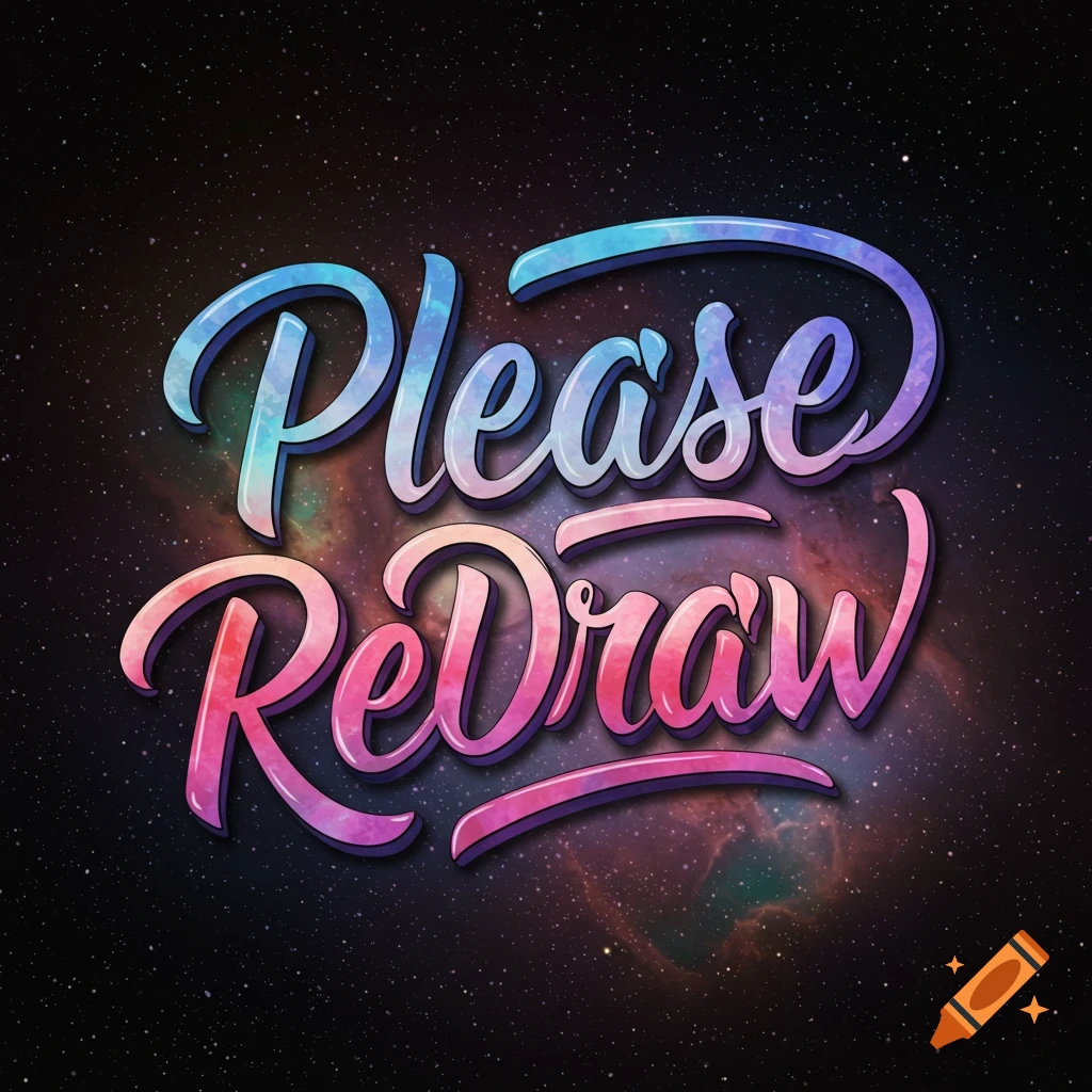 Stylized lettering of 'Please ReDraw' in gradient colors against a starfield and nebula background.