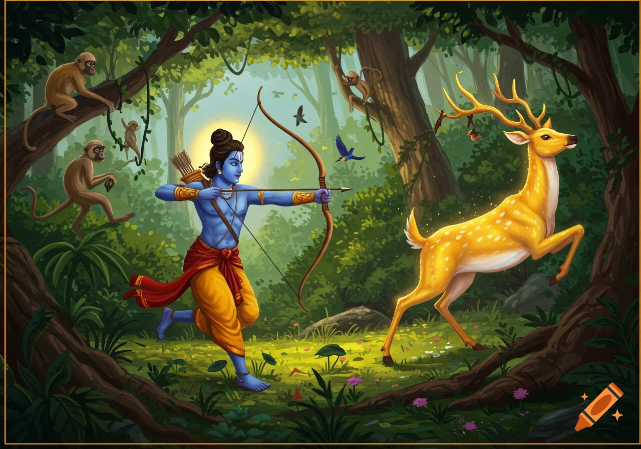Illustration of blue-skinned Lord Rama in a forest, aiming a bow at a golden deer, with monkeys nearby.