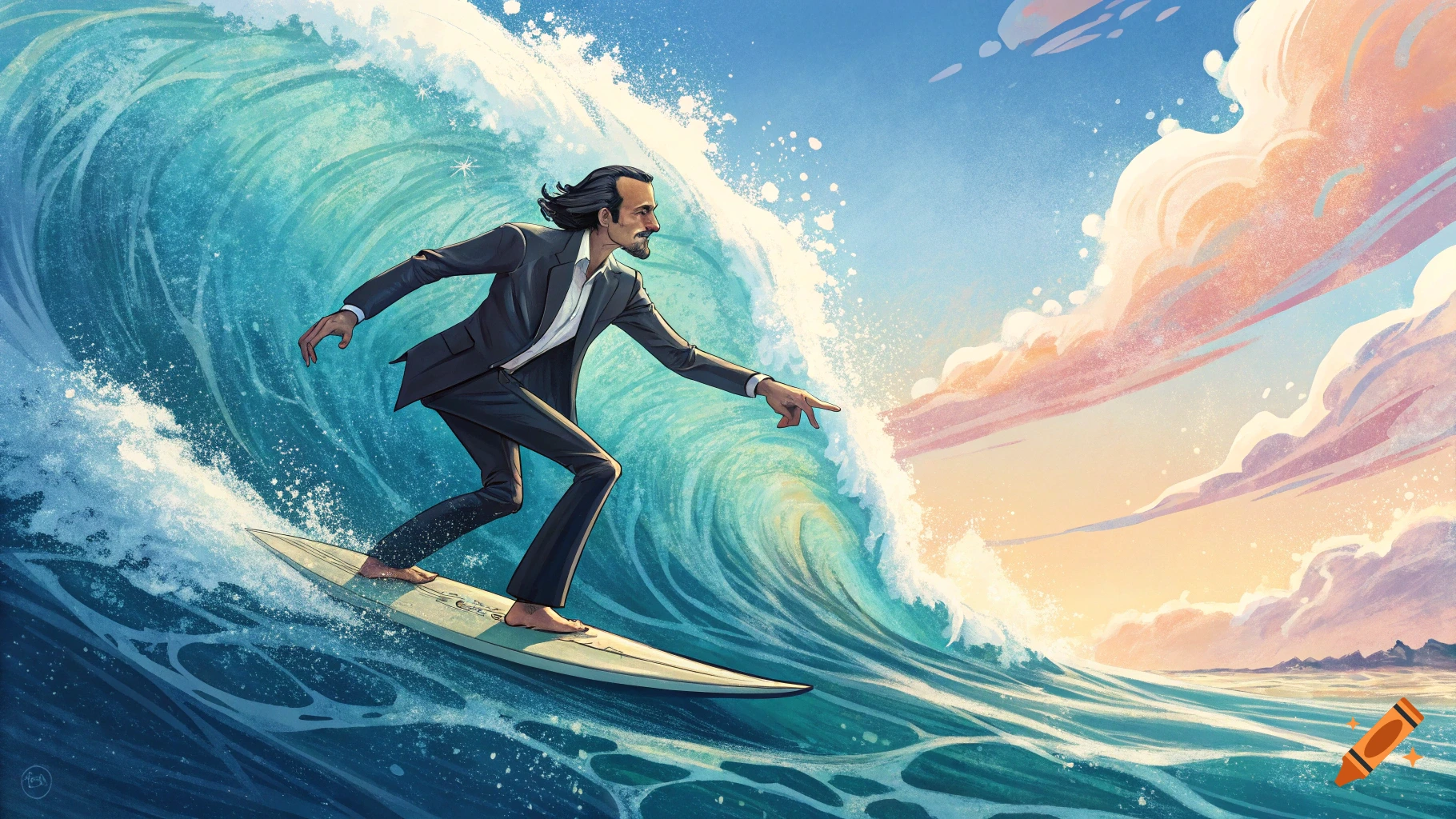 Man in a suit surfing a large wave in a colorful, illustrative style.
