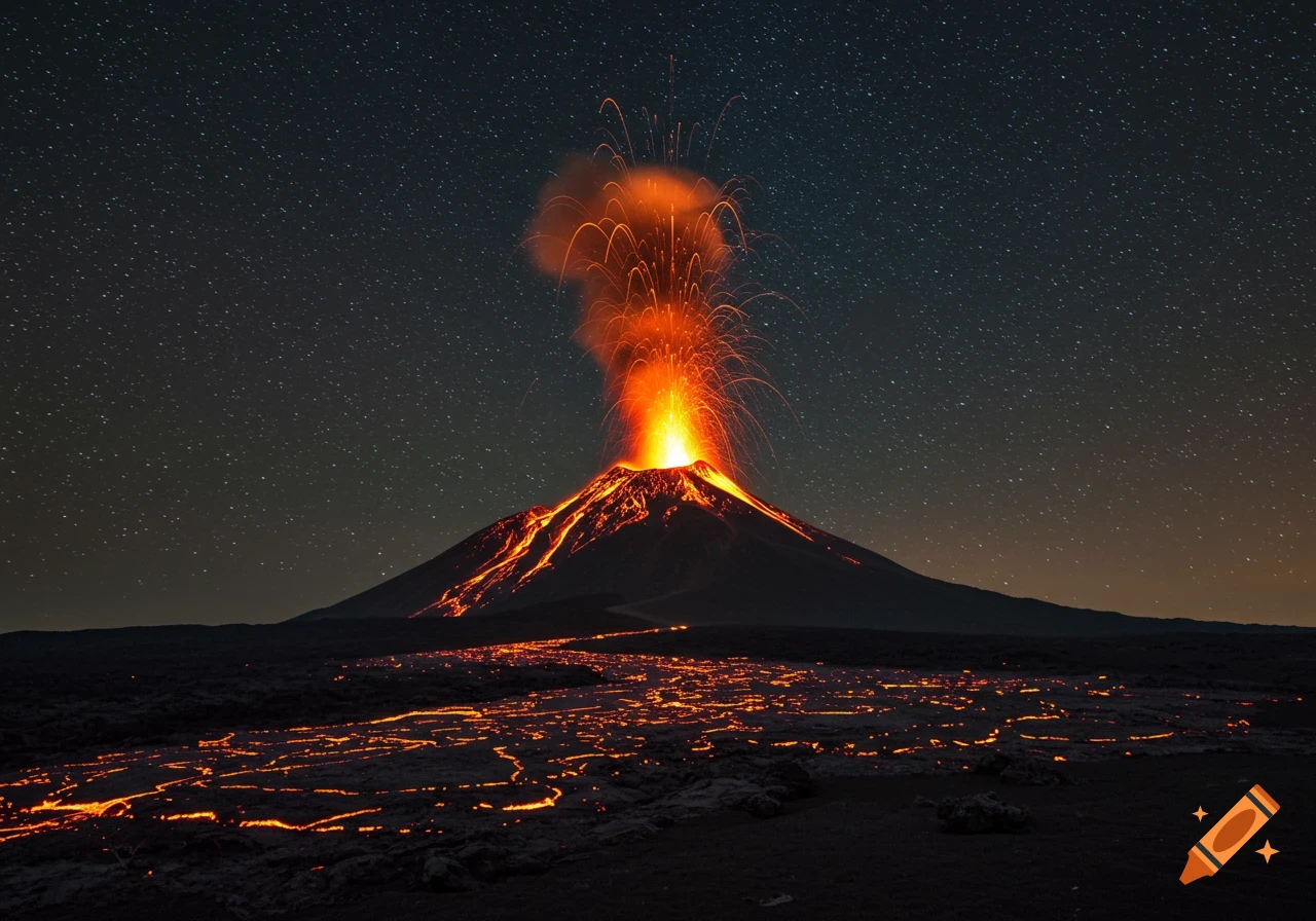 A volcano erupts spewing lava and smoke into a starry night sky, with molten rock flowing across dark ground.