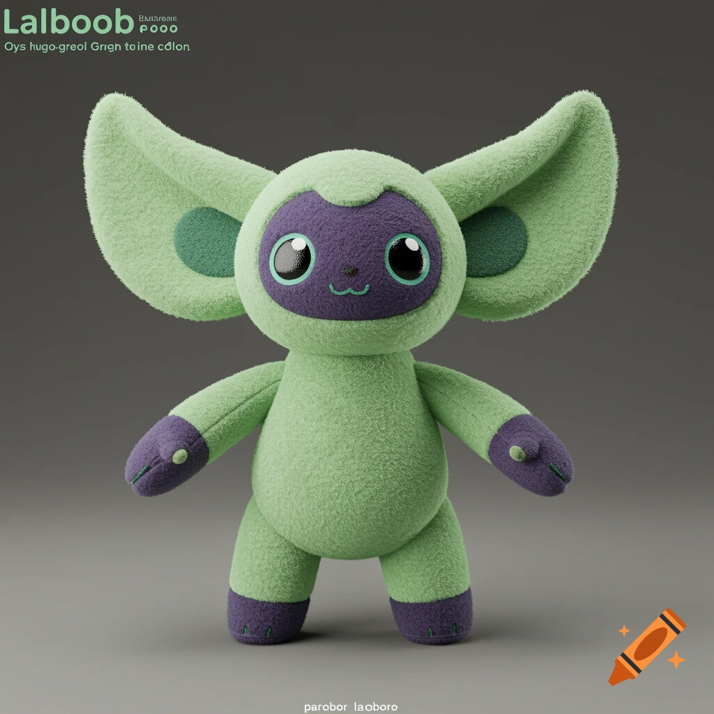Green and purple plush toy creature with big ears and eyes smiling.