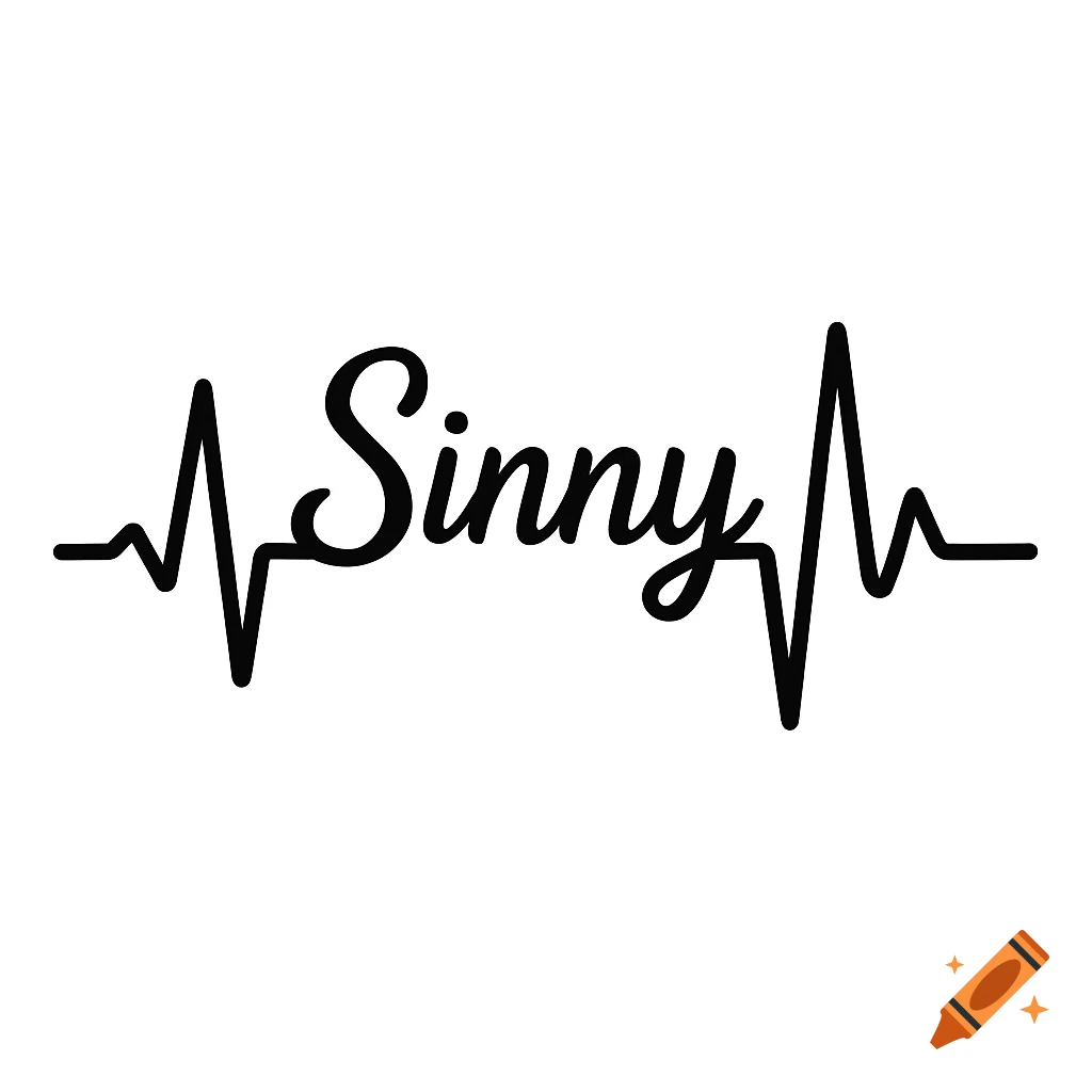 Black script text 'Sinny' integrated into a heartbeat line graphic on a white background.