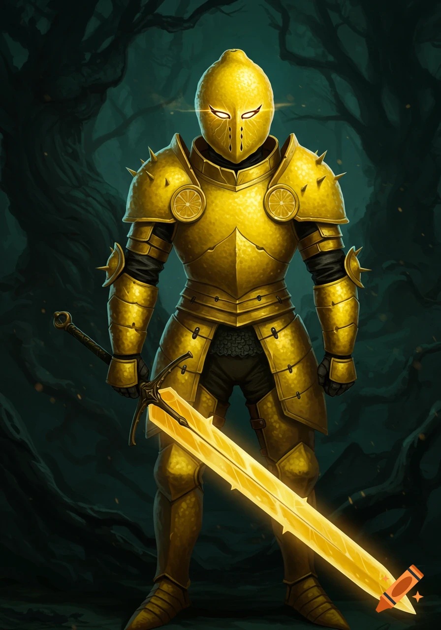 A full body illustration of a knight with a lemon for a head and golden lemon-themed armor, standing in a dark forest holding a glowing golden sword.