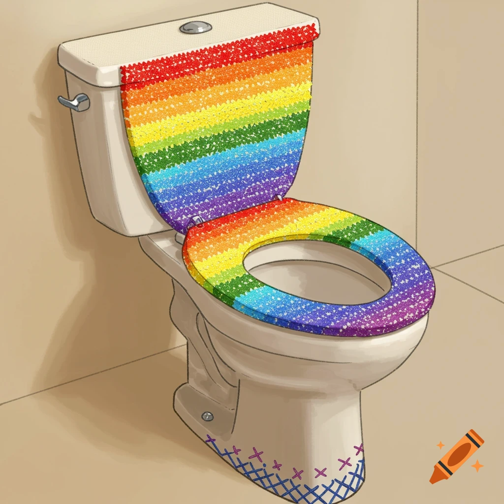 An illustration of a toilet with a rainbow stitching pattern on the lid and seat.