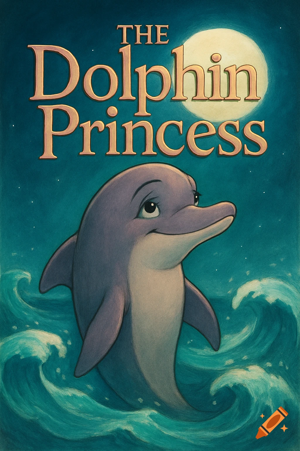 Cartoon dolphin on a movie poster titled 'The Dolphin Princess' with waves and moonlight.