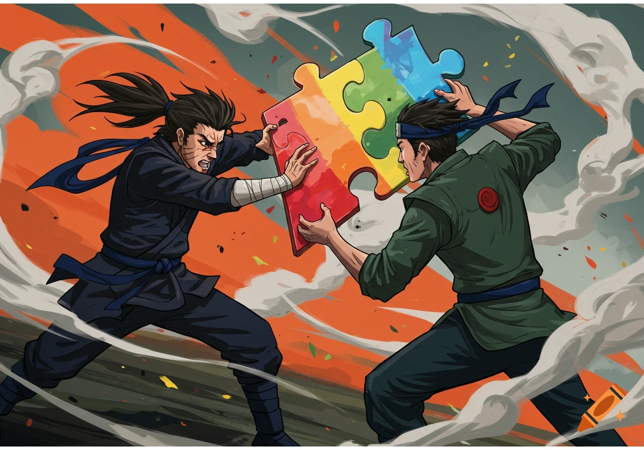 Two figures in anime style ninja attire fight over a large, colorful jigsaw puzzle piece.