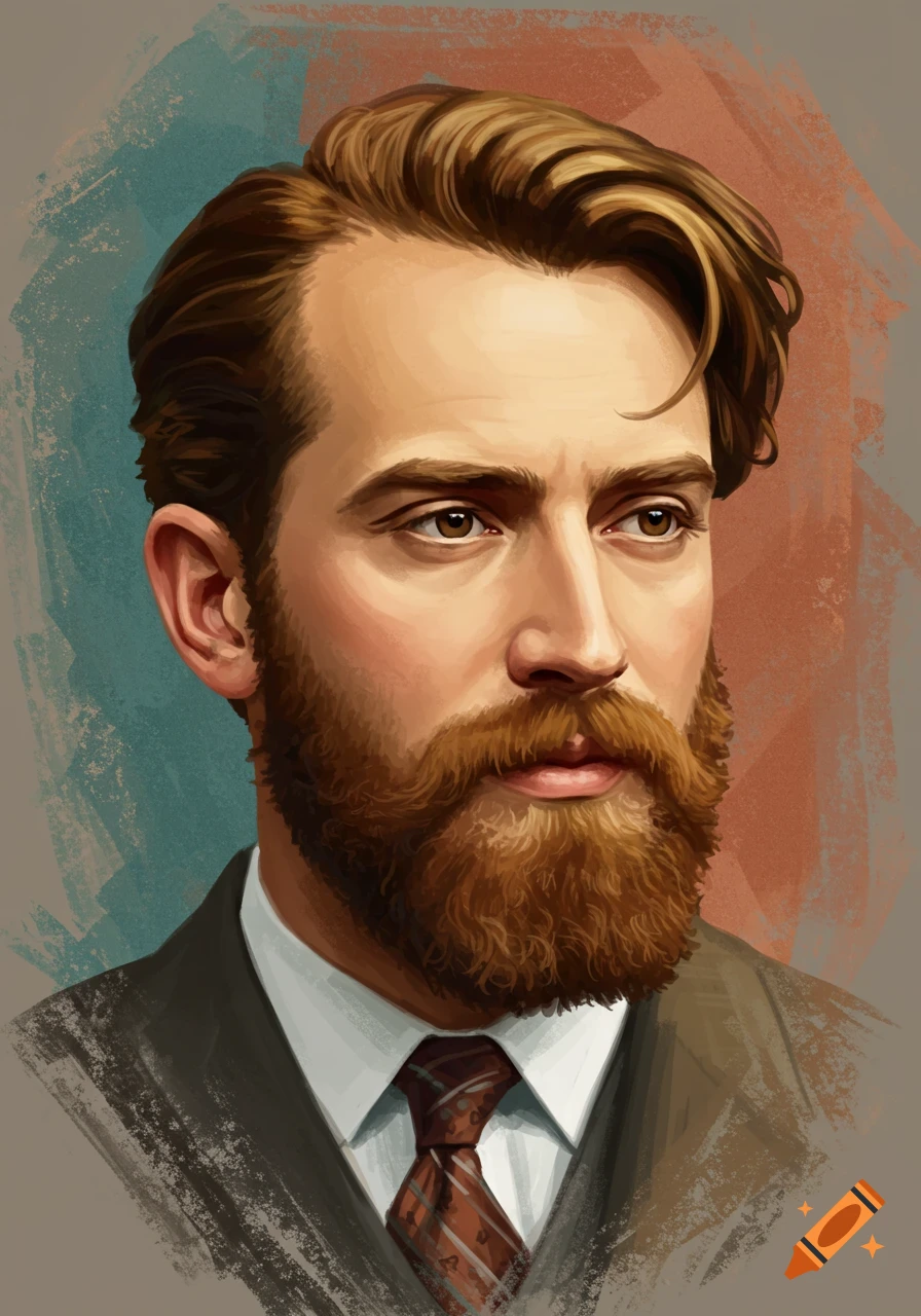 Painted portrait of a man with a beard and swept hair, wearing a suit and tie.