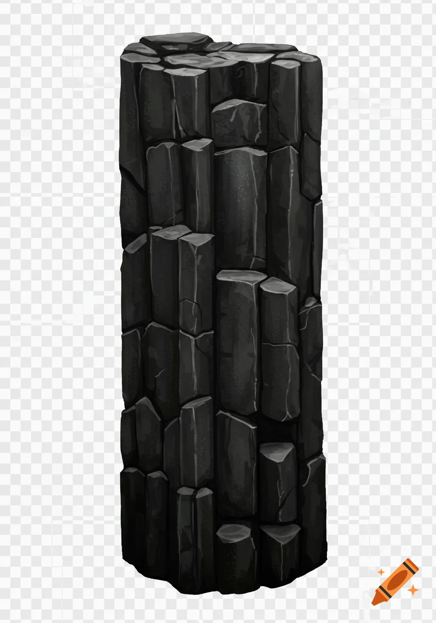 A stack of dark gray basalt pillars with cracks.