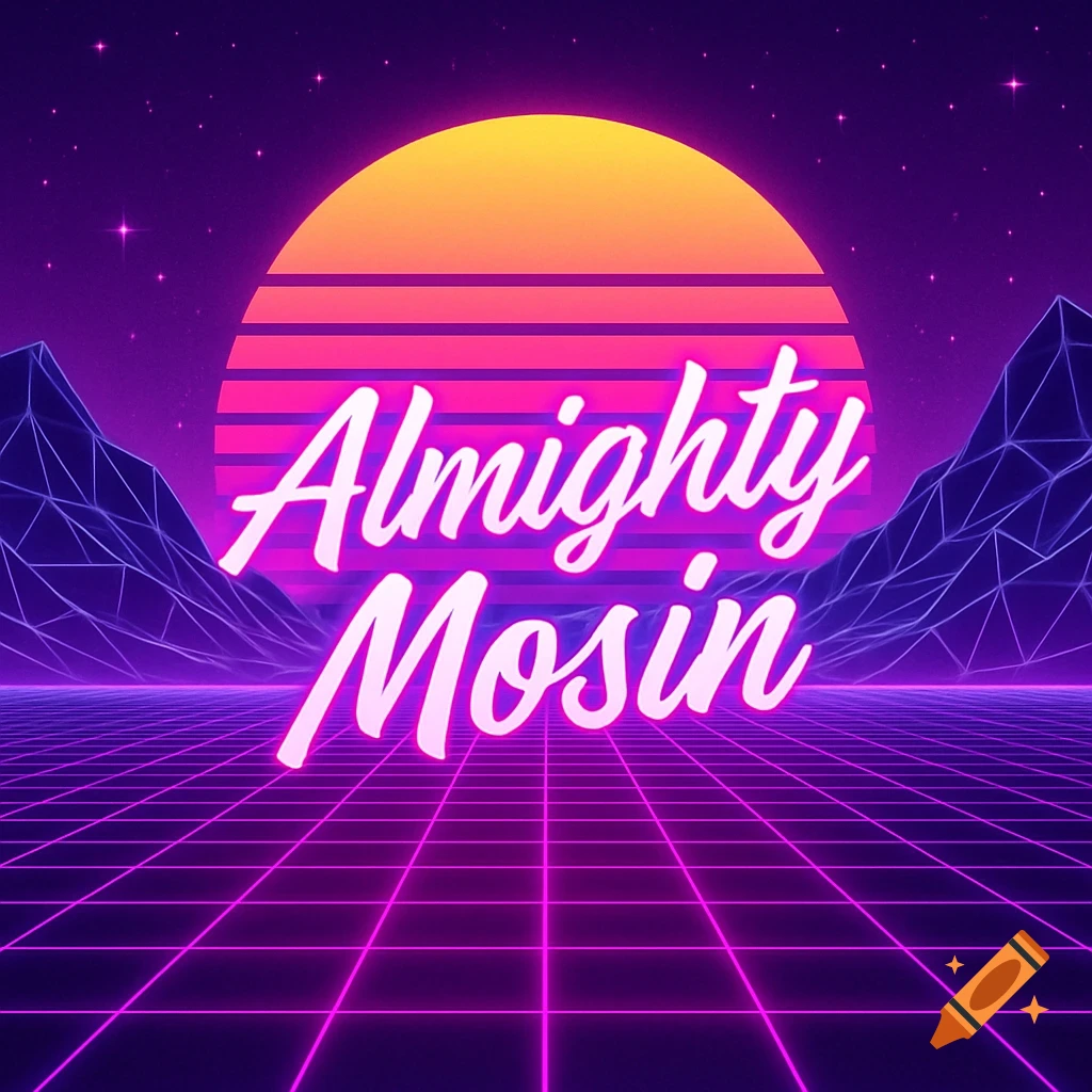 Vaporwave landscape with grid, mountains, sunset, and text 'Almighty Mosin'.