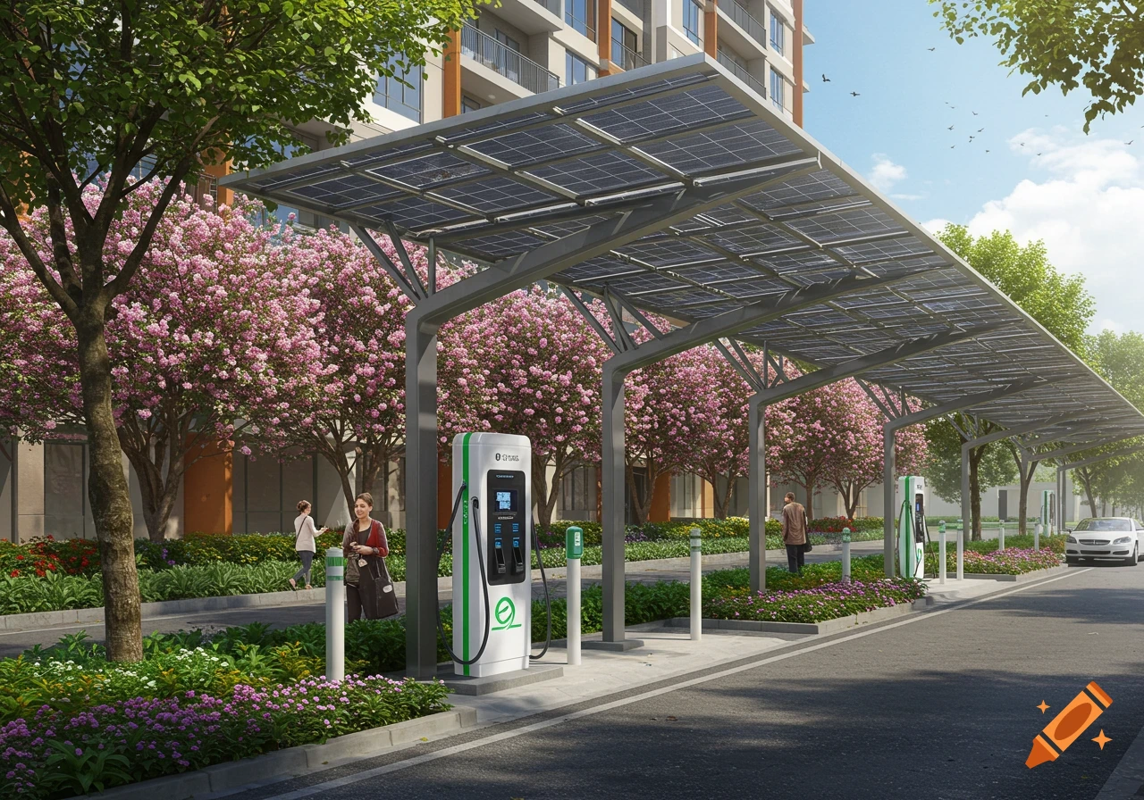 An outdoor electric vehicle charging station with a solar panel canopy is surrounded by trees with pink flowers and landscaping.