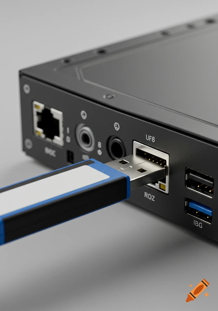 Close-up of a USB stick plugged into ports on a black electronic device.