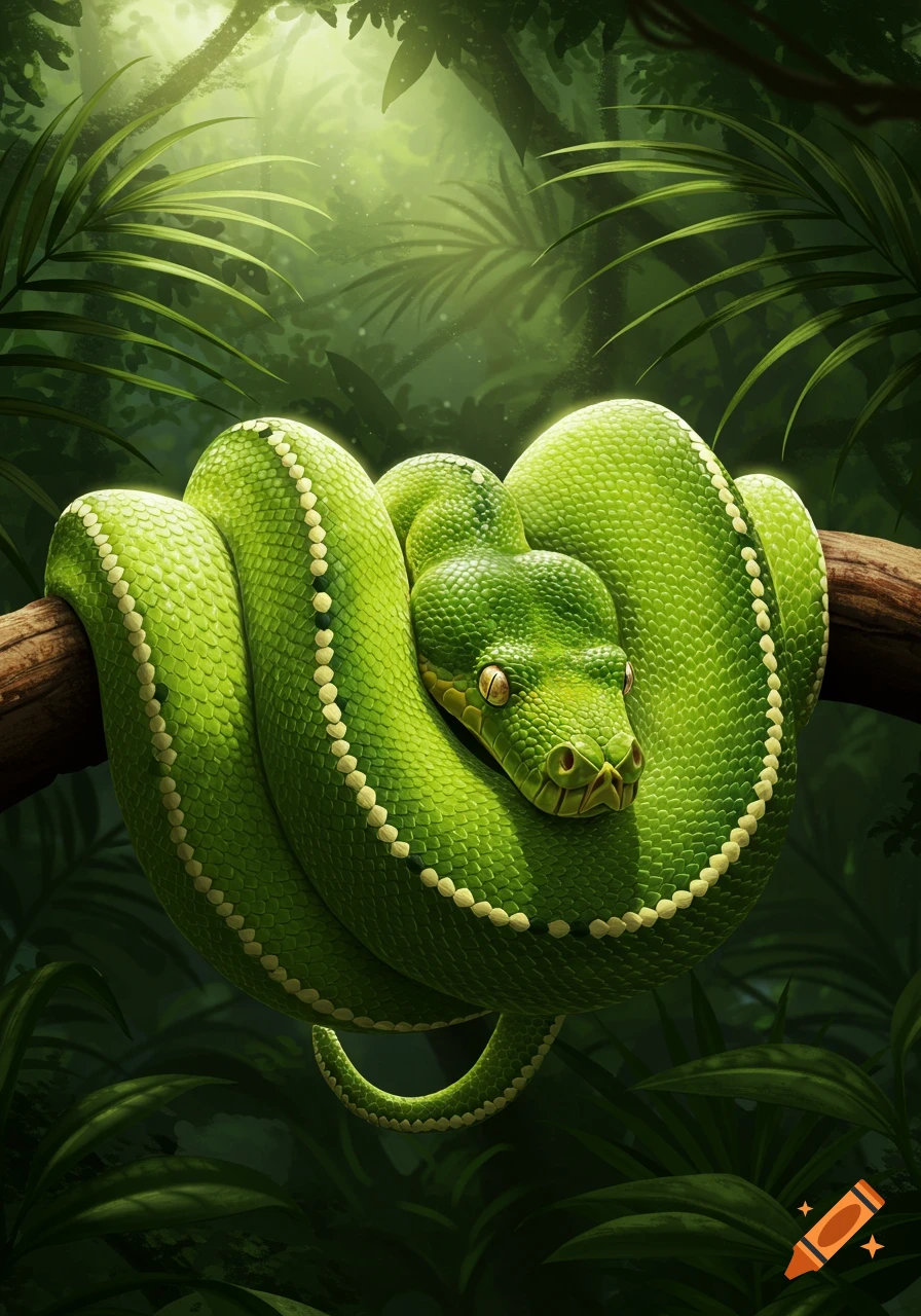 A bright green snake coiled on a branch in a vibrant jungle setting.