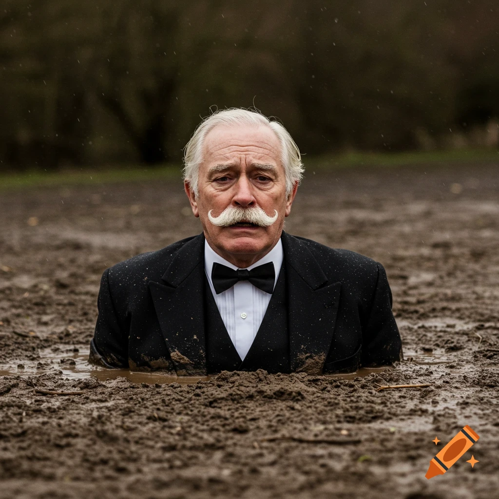 A man in a tuxedo sinks chest-deep into dark brown mud.