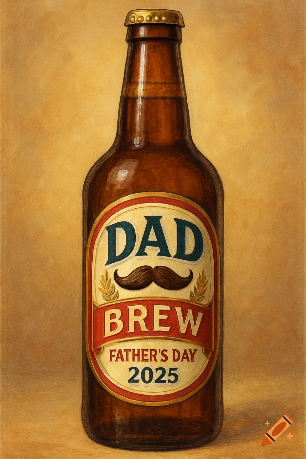 A detailed illustration of a beer bottle labeled "Dad Brew" with a mustache design and "Father's Day 2025".