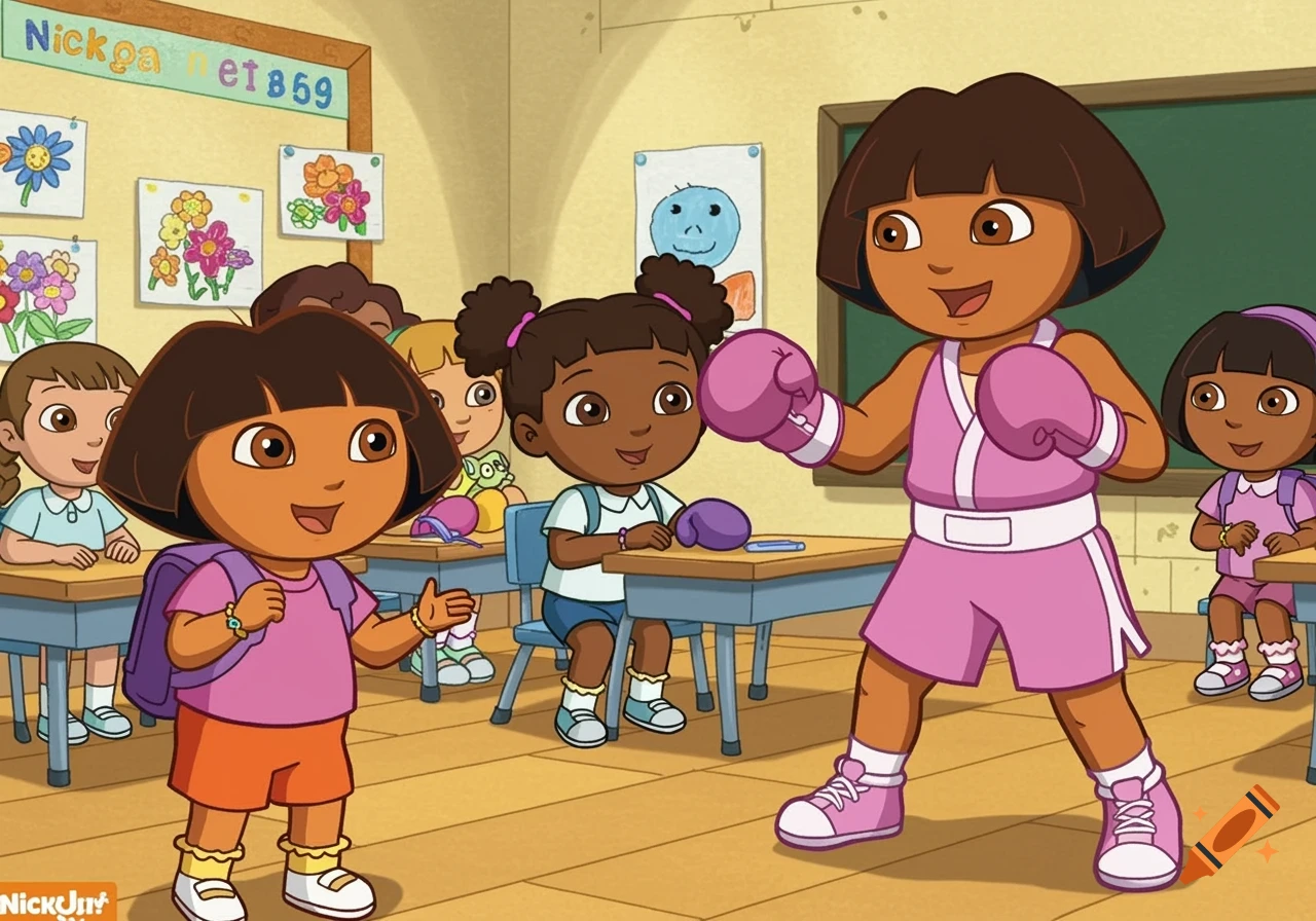 A cartoon of Dora the Explorer and friends in a classroom, one character wears pink boxing gloves.