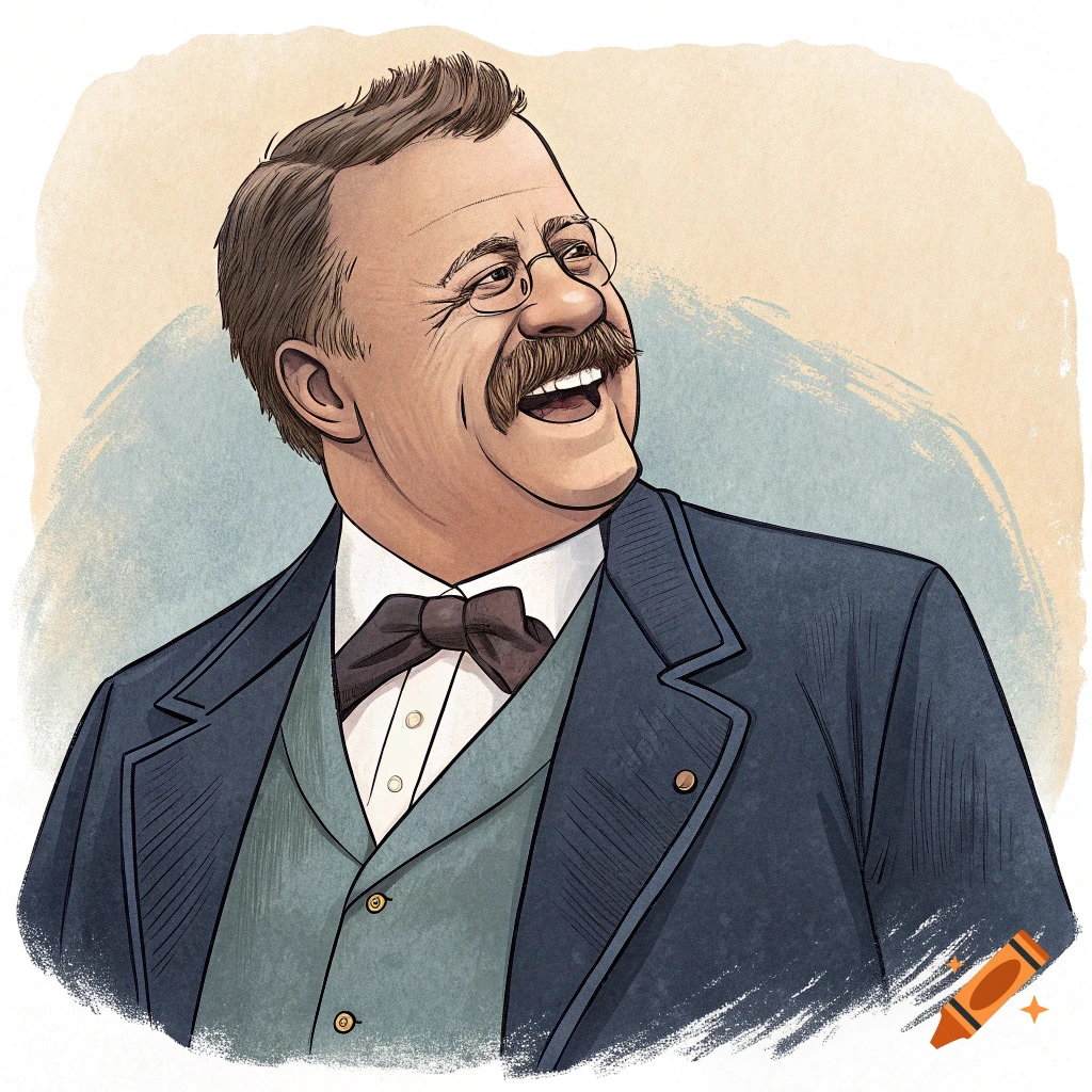 Cartoon portrait of Theodore Roosevelt laughing