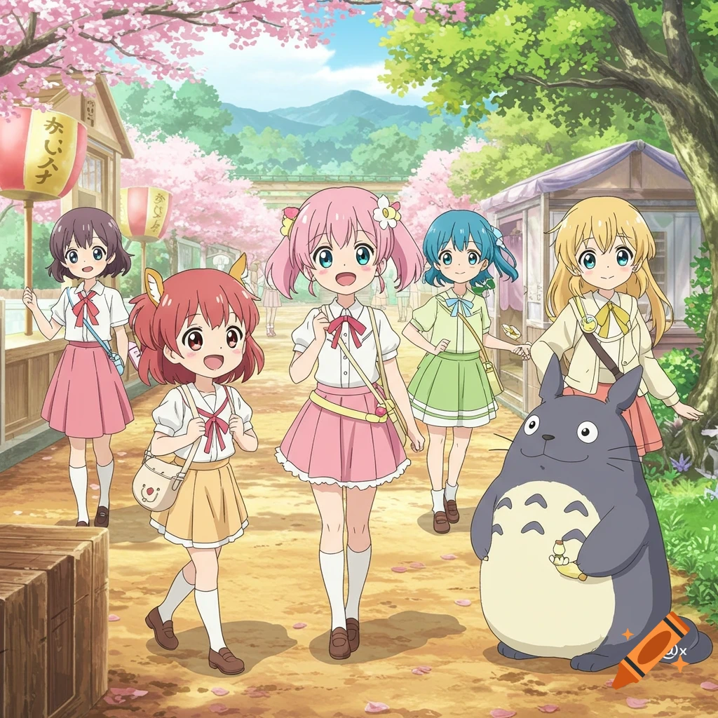 Cute anime characters and a grey creature resembling Totoro walk down a cherry blossom-lined street.