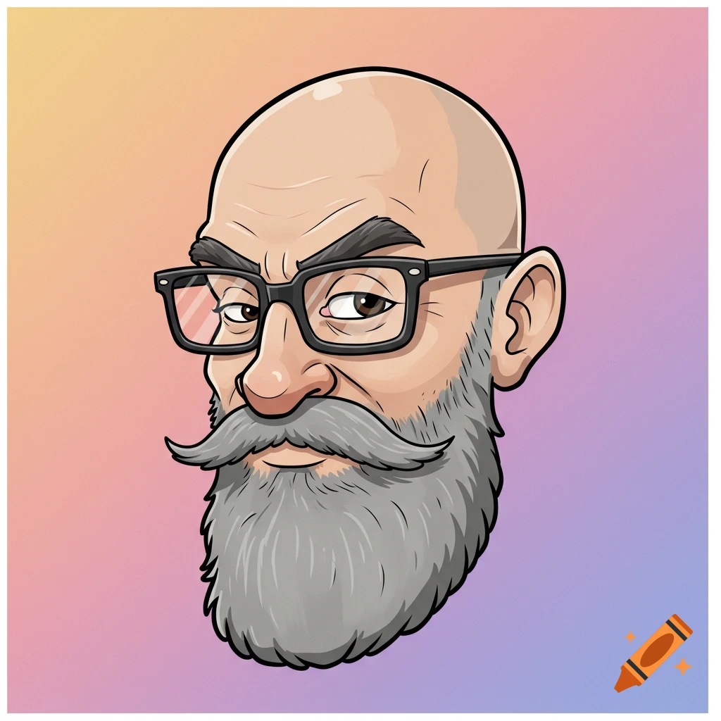 Cartoon portrait of a bald man with a grey beard and glasses.