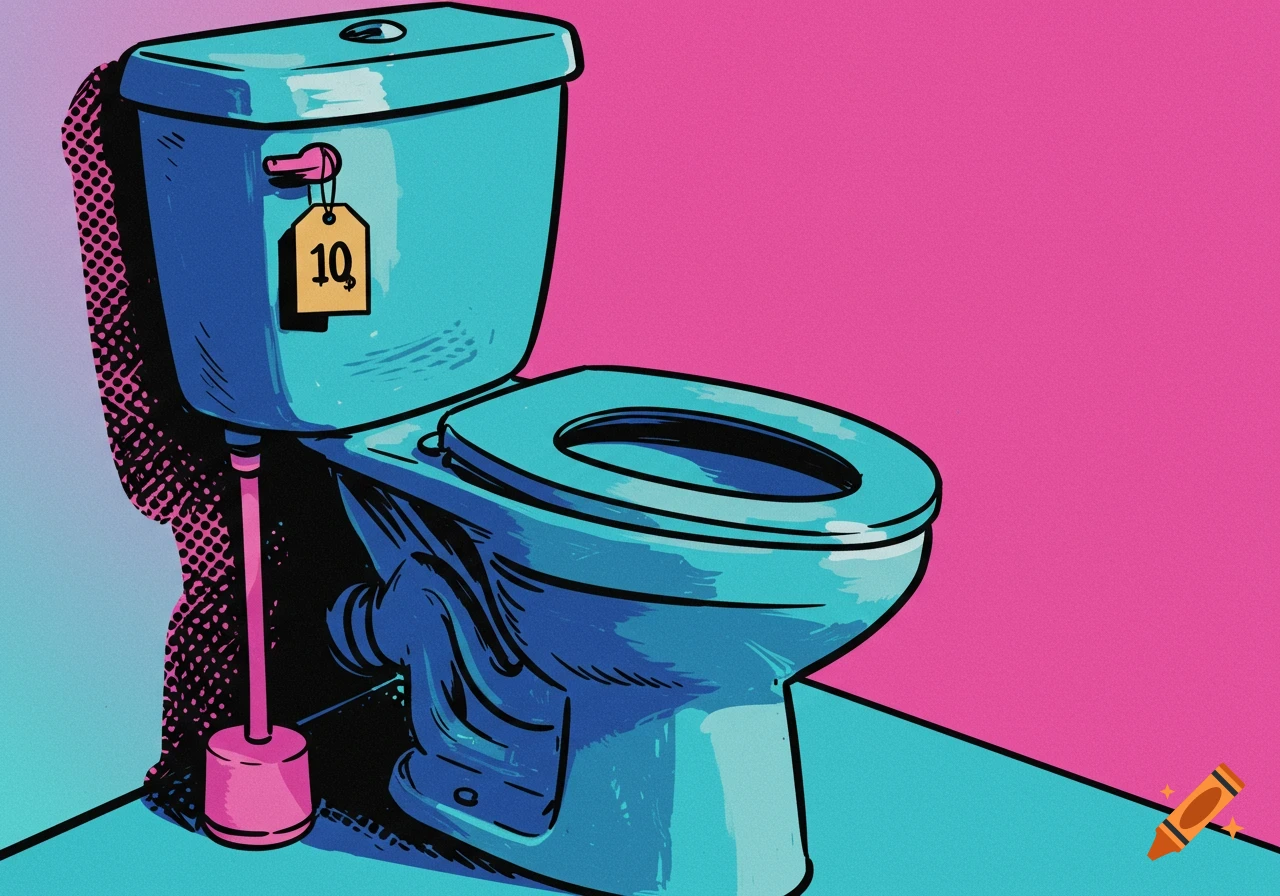 Pop art illustration of a blue toilet with a price tag that says 10 dollars