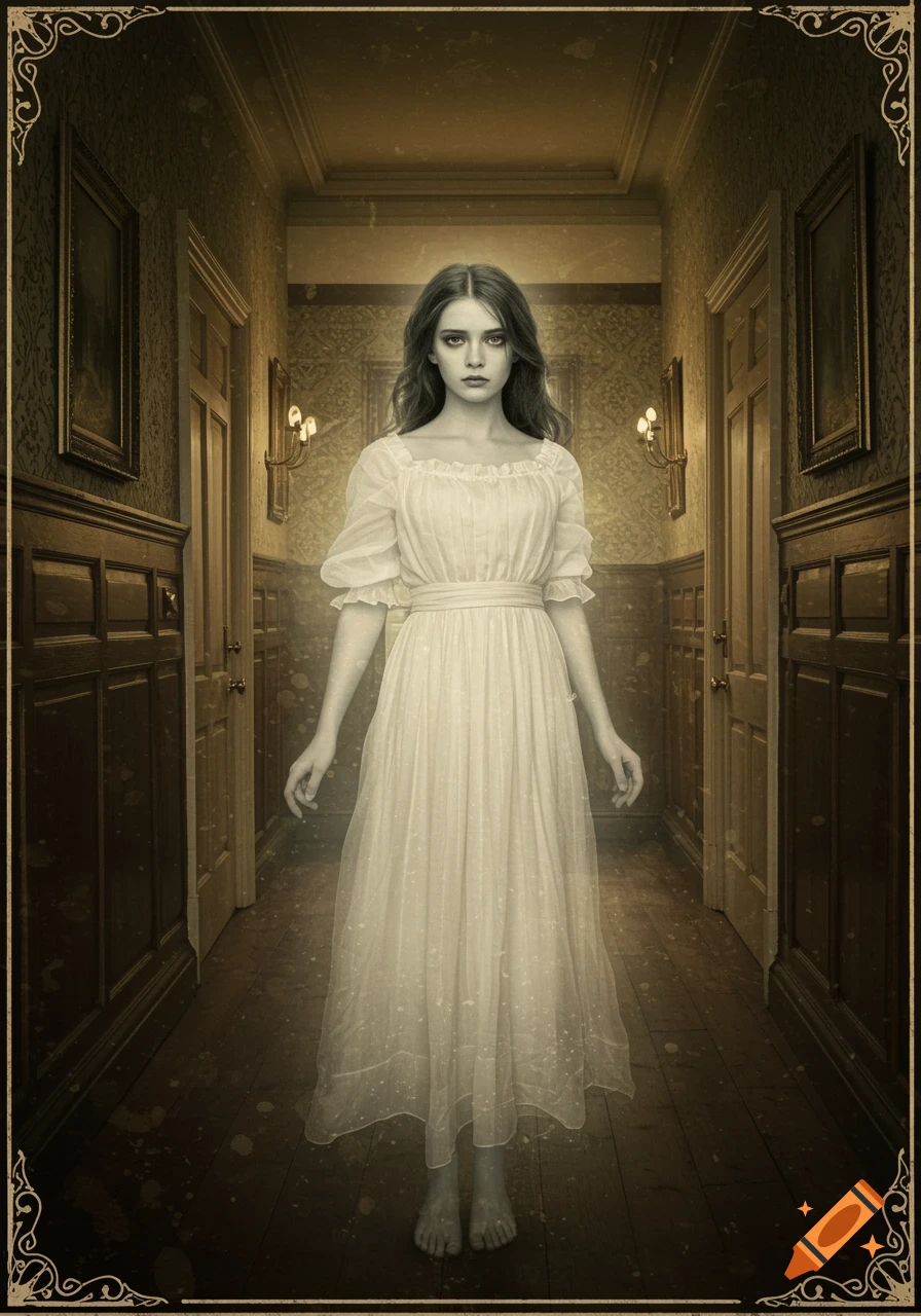 Teenage girl ghost in white 1870s dress standing in a dark, dusty hallway. Vintage, spooky style.
