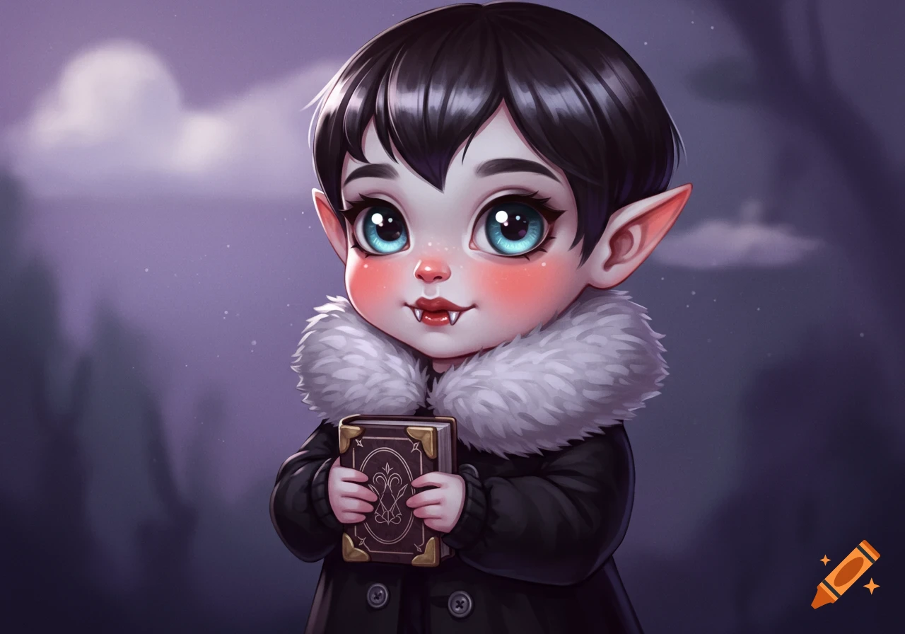 Cute stylized illustration of a child vampire holding a book