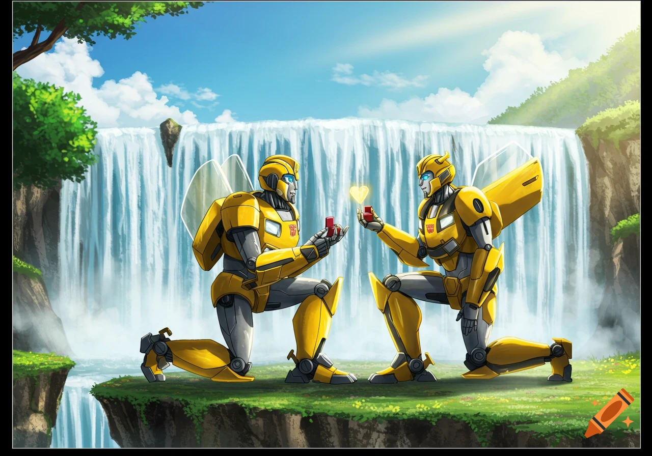 Two yellow robot characters resembling Bumblebee propose with rings in front of a waterfall.