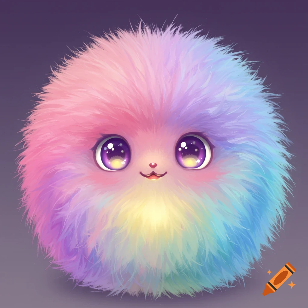 A fluffy, spherical creature with pastel rainbow colored fur, big purple sparkling eyes, and a small smile.