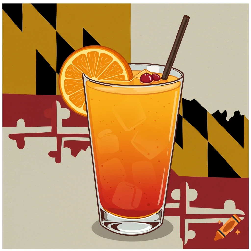 Illustration of an orange crush cocktail with ice and orange slice against the Maryland flag.