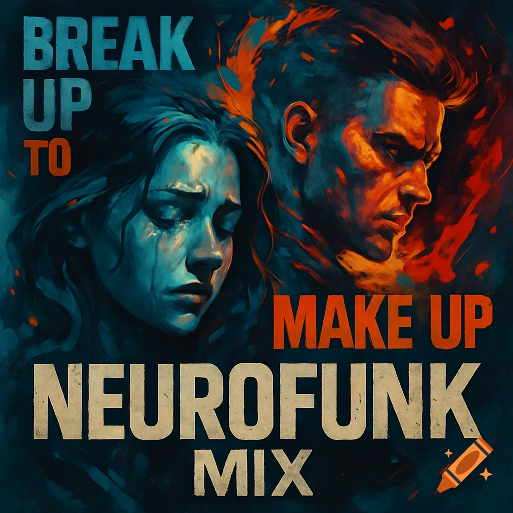 Dramatic painterly portrait of a sad woman and man with text overlay 'Break Up To Make Up Neurofunk Mix'.