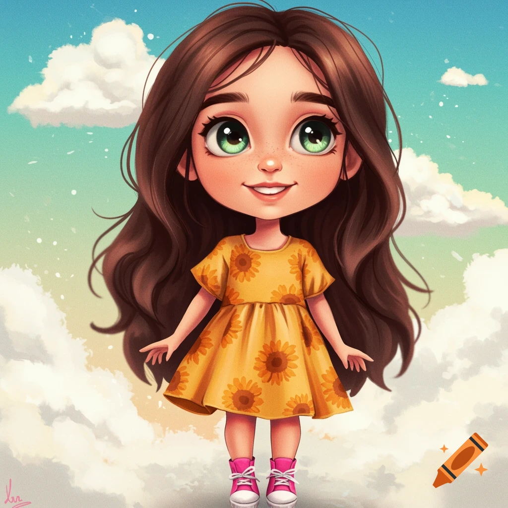 Cartoon illustration of a smiling girl with big green eyes wearing a yellow dress with sunflowers, floating among clouds.