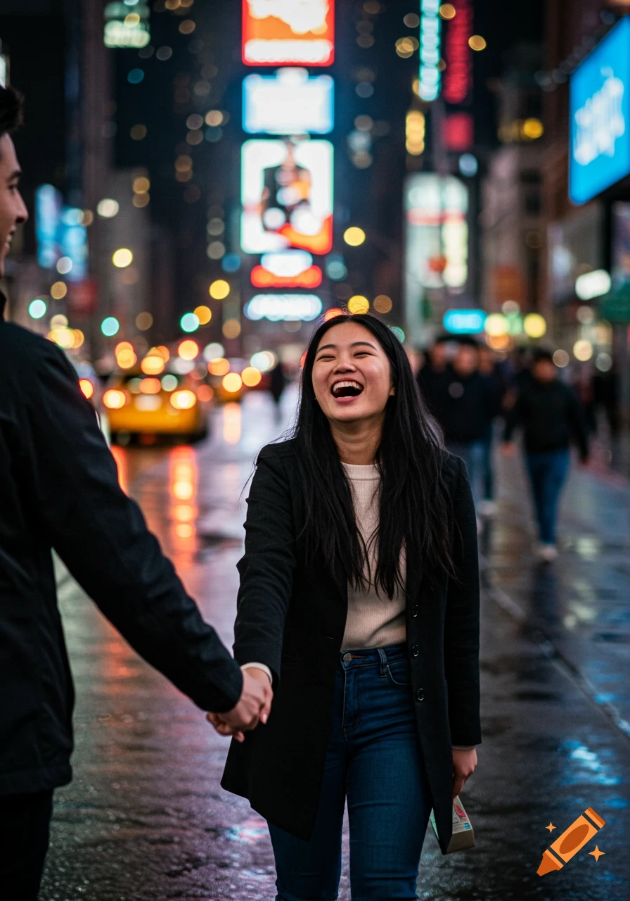 Couple holding hands and laughing while walking on a rainy New York City street at night with bright billboards in background.