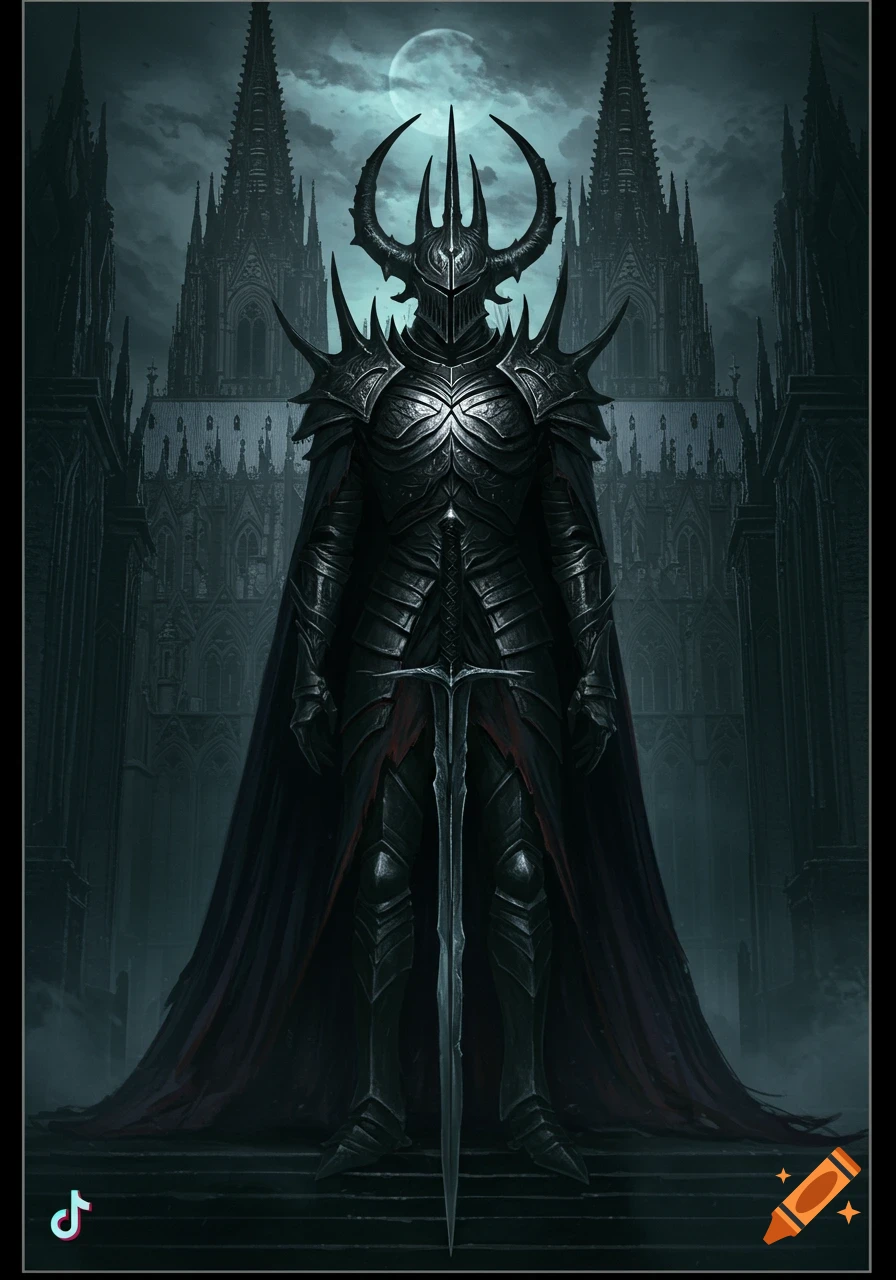 A dark fantasy knight in spiked armor stands before a gothic cathedral under a full moon.