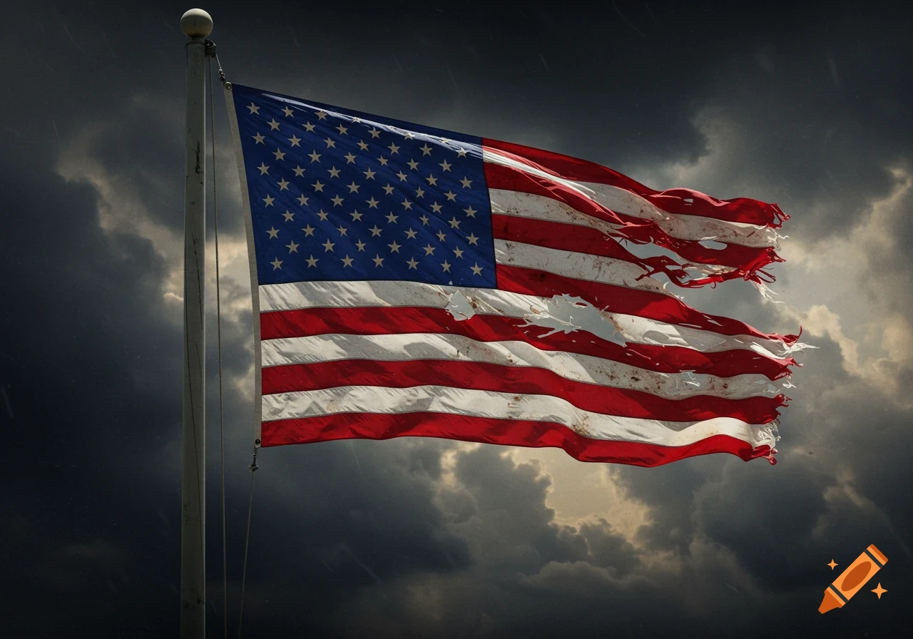 A distressed American flag flies on a flagpole against a dark, stormy sky.