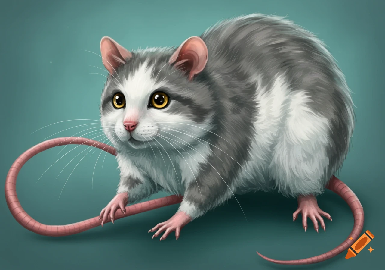 A creature with a cat's head and fur and a rat's body and tail, rendered in digital art.