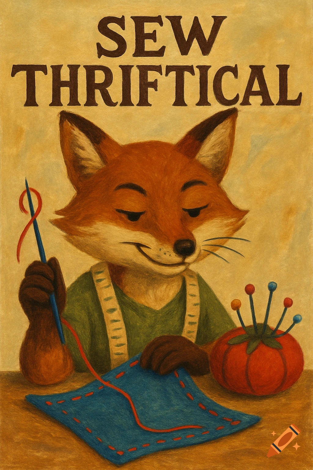 A cartoon fox wearing suspenders sews a blue patch with red thread next to a pincushion. Text above reads "SEW THRIFTICAL".