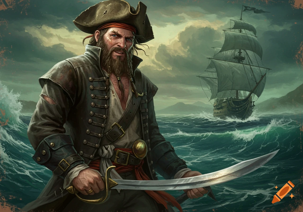 A rugged pirate with a sword stands on a stormy sea, with a ship in the background, digital painting