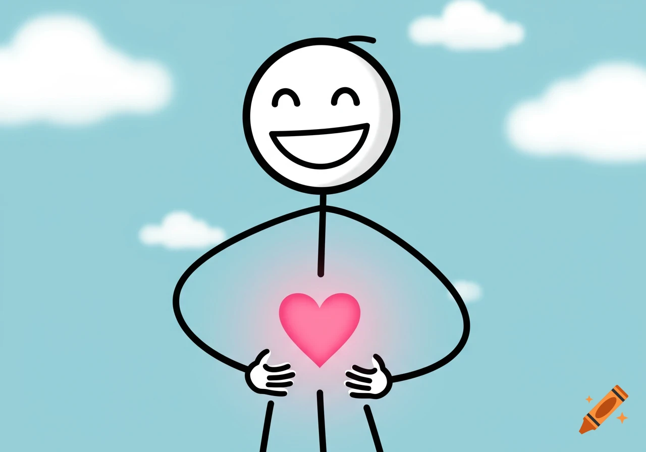 A stick figure smiles and holds a glowing pink heart on its chest against a cloudy blue sky.