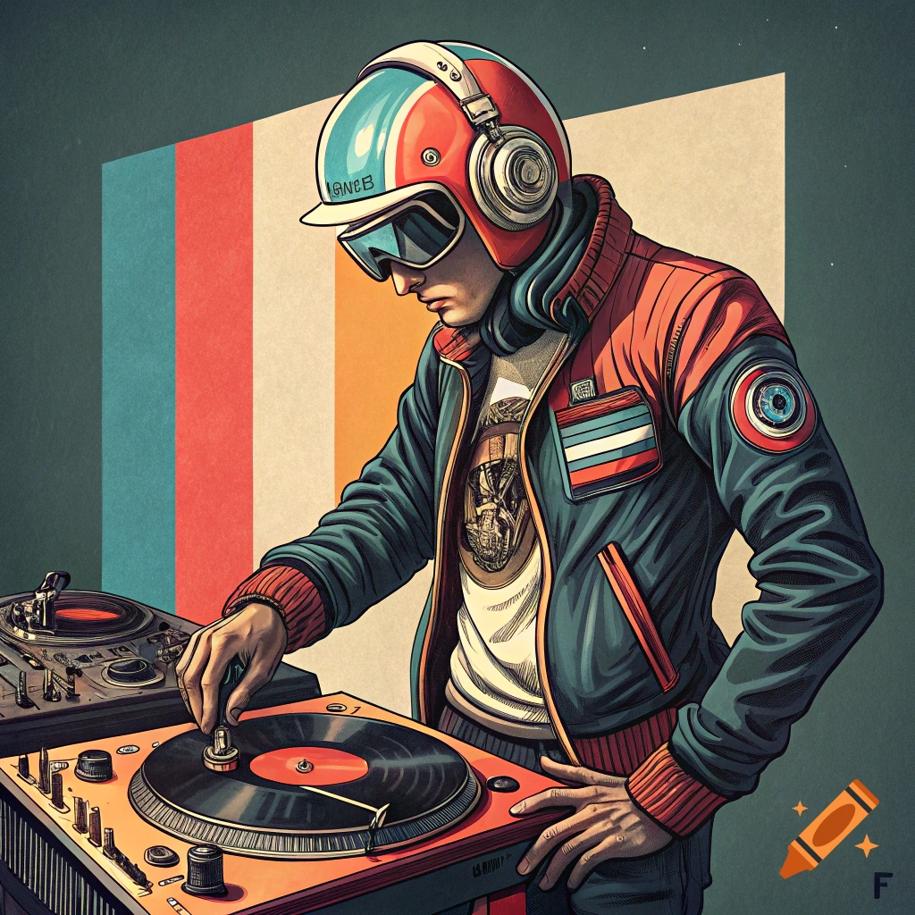 Illustration of a person in a retro helmet and jacket playing music on turntables.