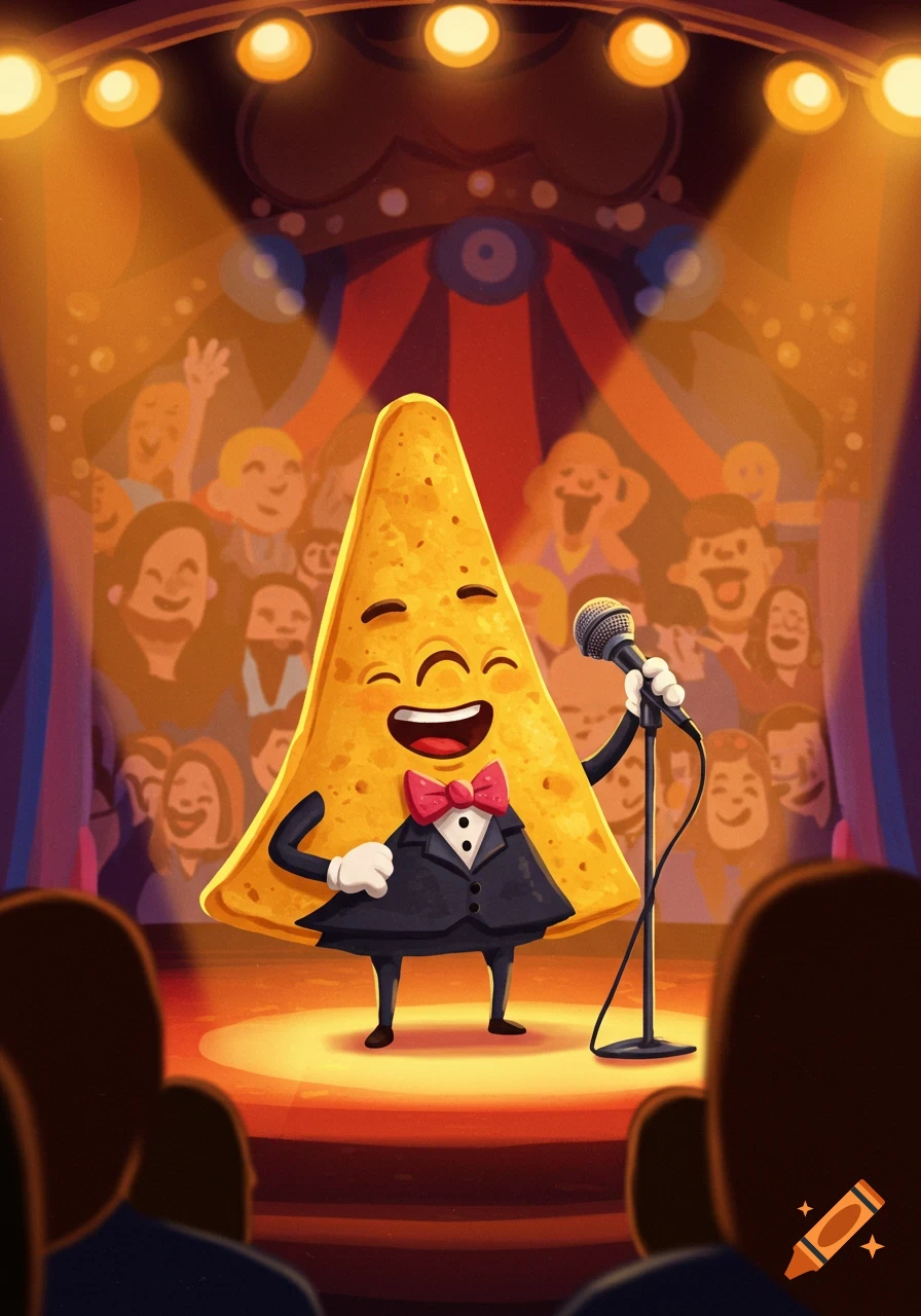 Illustrated nacho chip cartoon character in a tuxedo doing stand-up comedy on stage.