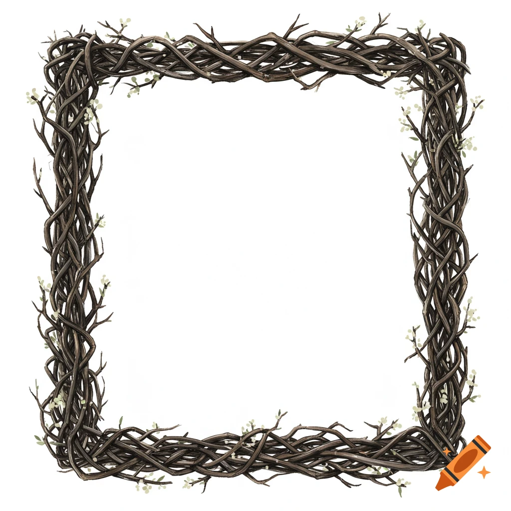 Square frame made of woven branches with small green leaves on a white background.