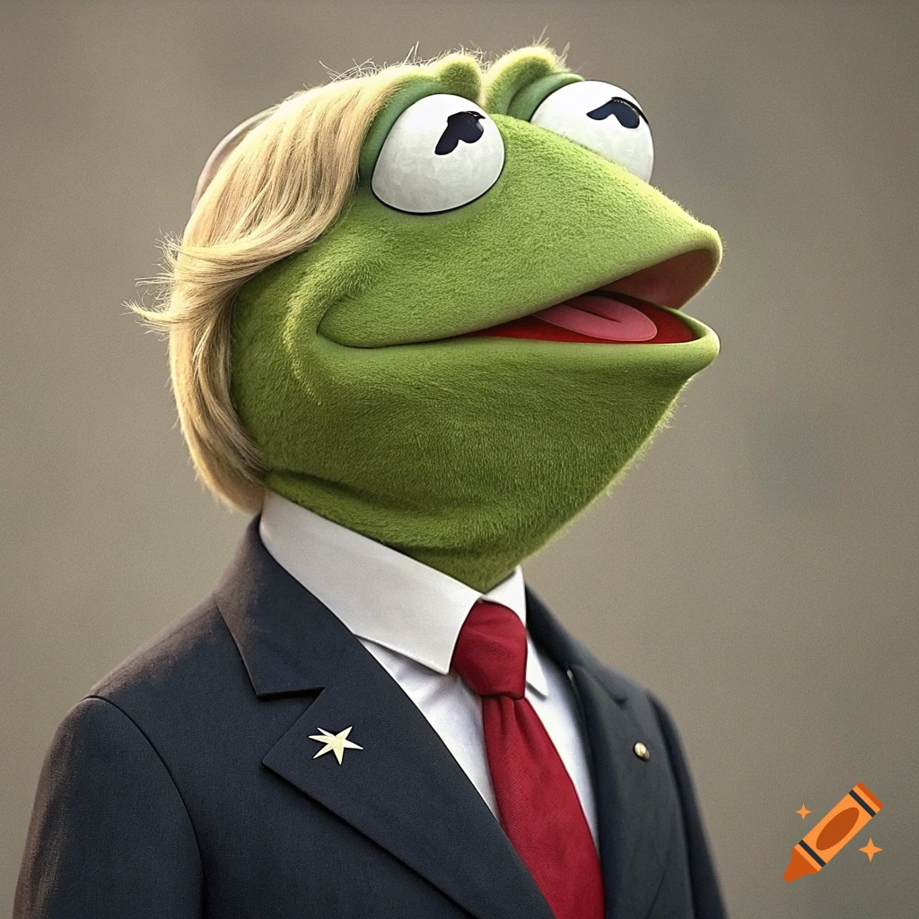 Close-up portrait of Kermit the Frog wearing a dark suit, red tie, and blonde hair styled like Donald Trump.