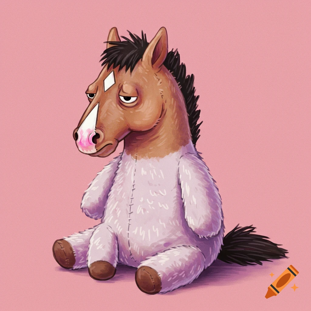 A cartoon stuffed horse character sitting on a pink background.