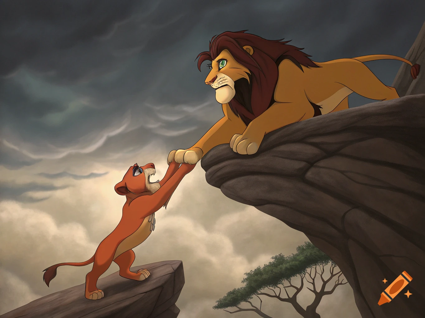 Cartoon image of a larger lion pulling a smaller lion up a rocky cliff.