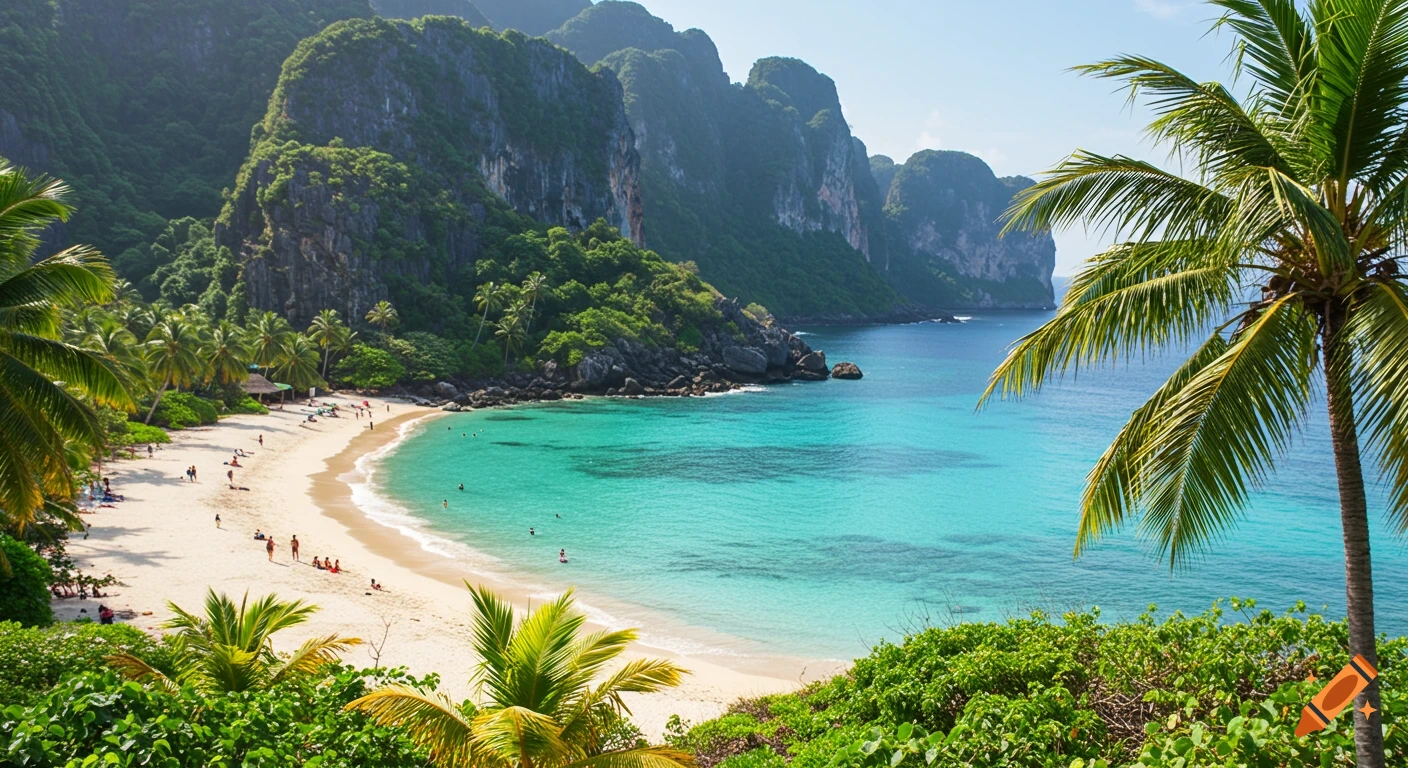 Tropical island beach with palm trees, people swimming and sunbathing, and cliffs in the background.