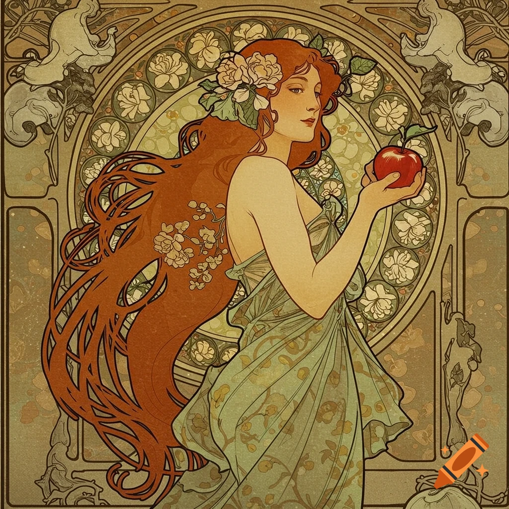 A woman with long flowing red hair in an Art Nouveau style, holding a red apple.