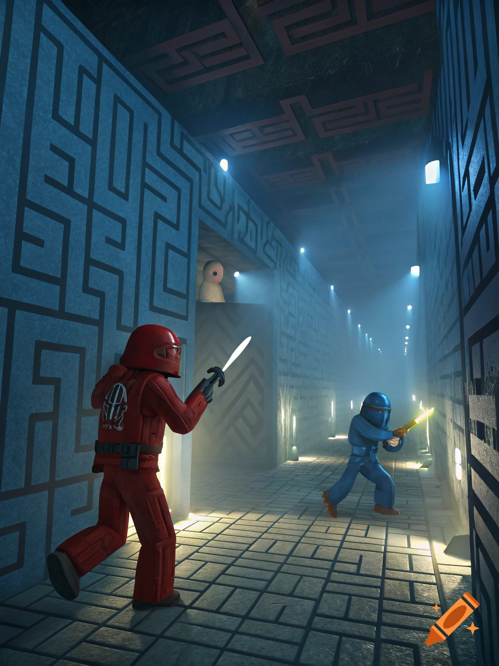 Two figures in red and blue suits with weapons chase each other in a maze. A small figure watches from a ledge.
