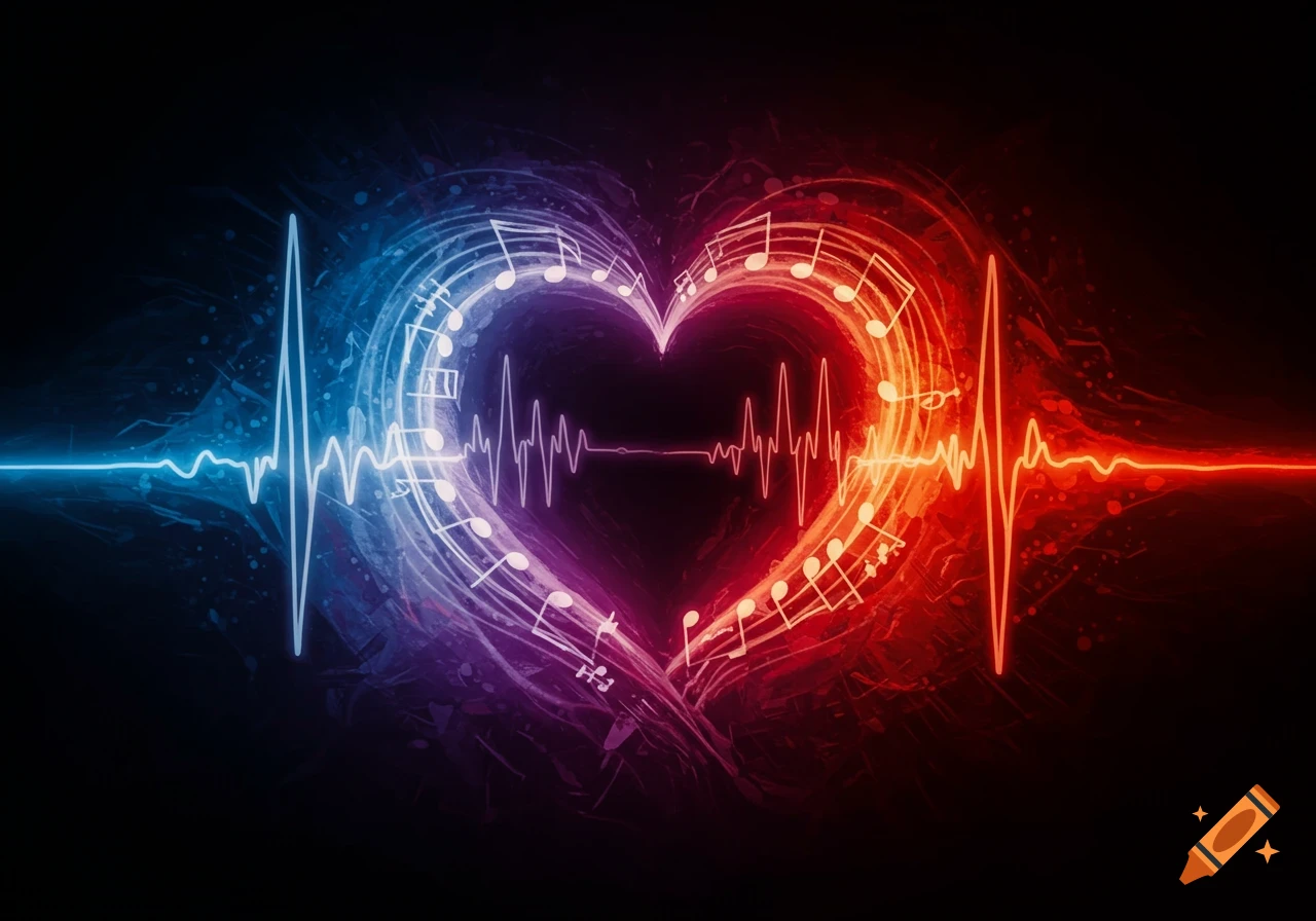 Abstract heart shape formed by musical notes and staff lines, split with blue and red glow and crossed by heart rate lines.