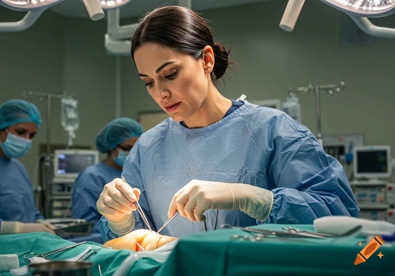 Female surgeon operating on a patient in a surgical room with assistants and medical equipment.