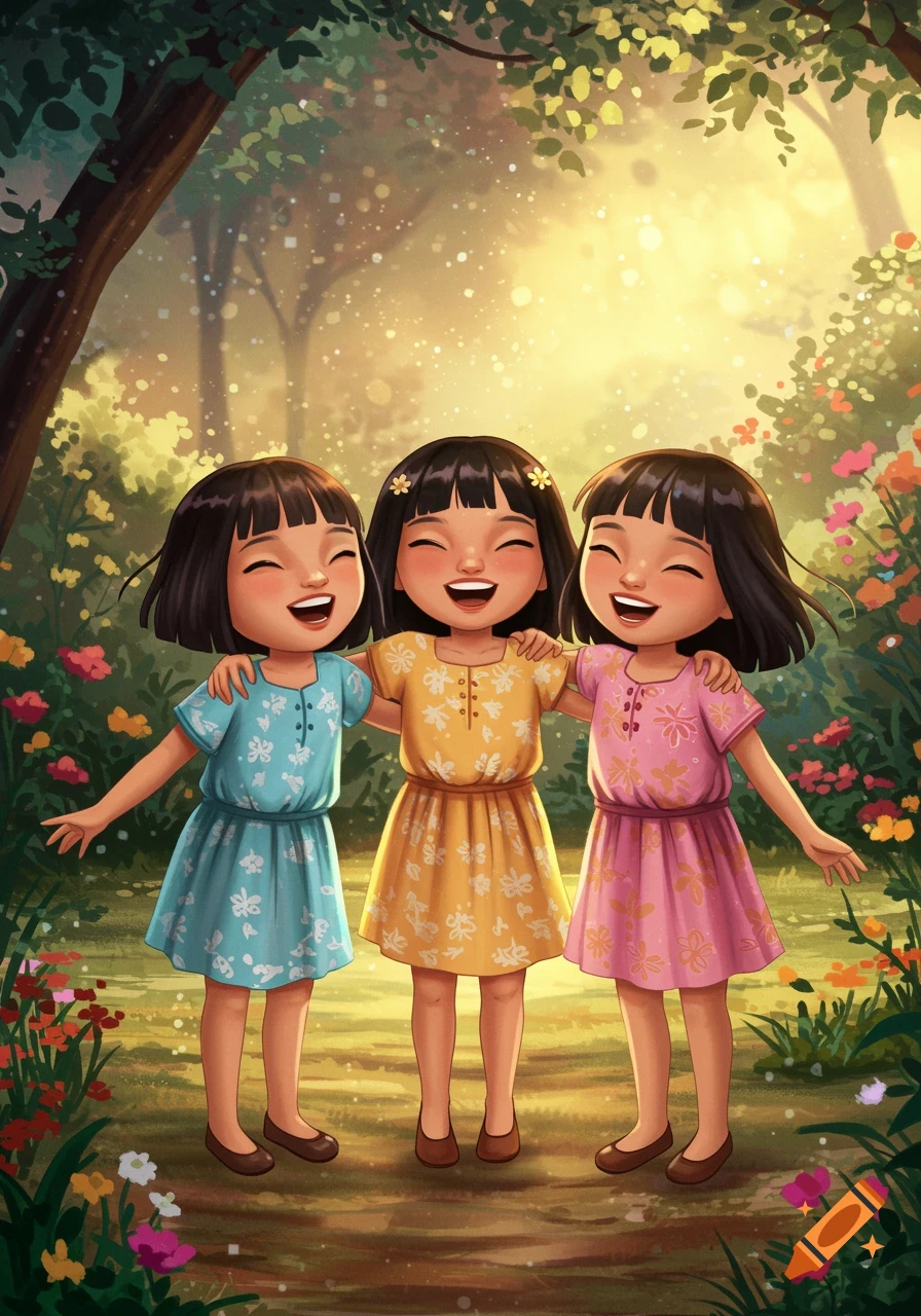 Three happy girls with dark hair in colorful dresses hug in a sunny garden.